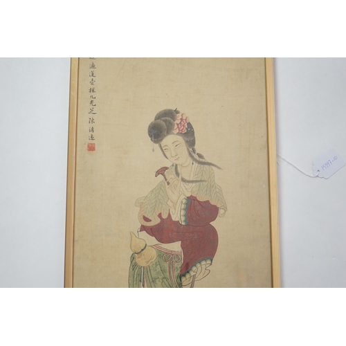 317 - Chinese School, 19th century, ink and colour on paper, Magu with a basket of flowers, inscribed and ... 