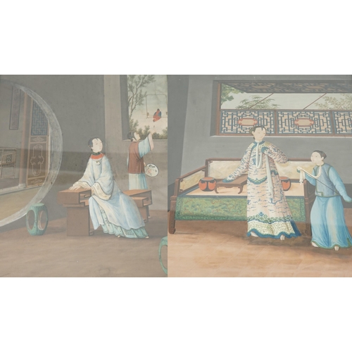 318 - Chinese School, early 19th century, a pair of gouaches, interior scenes, the first depicting a lady ... 