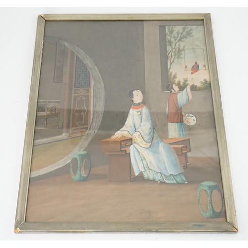 318 - Chinese School, early 19th century, a pair of gouaches, interior scenes, the first depicting a lady ... 