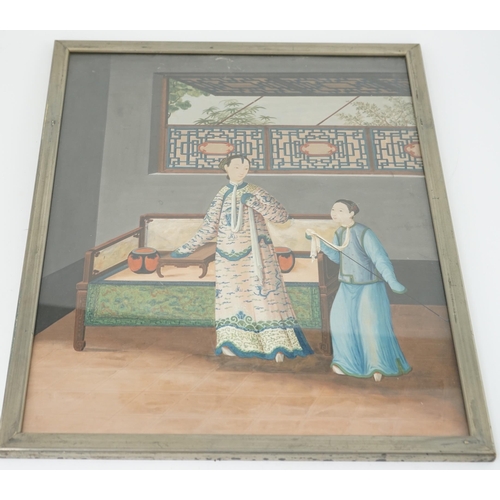 318 - Chinese School, early 19th century, a pair of gouaches, interior scenes, the first depicting a lady ... 