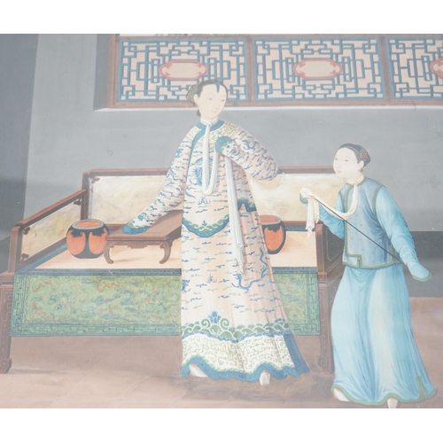 318 - Chinese School, early 19th century, a pair of gouaches, interior scenes, the first depicting a lady ... 