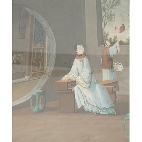 318 - Chinese School, early 19th century, a pair of gouaches, interior scenes, the first depicting a lady ... 