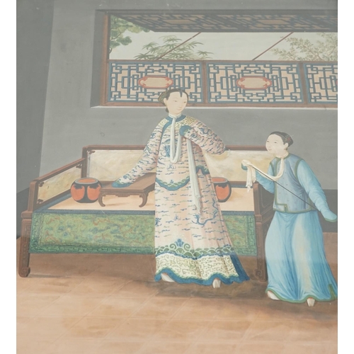 318 - Chinese School, early 19th century, a pair of gouaches, interior scenes, the first depicting a lady ... 