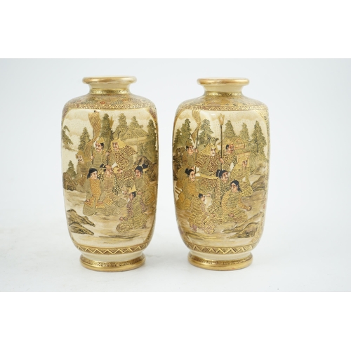 32 - A pair of Japanese Satsuma hexagonal vases, signed ?Kozan, early 20th century, each painted with a g... 