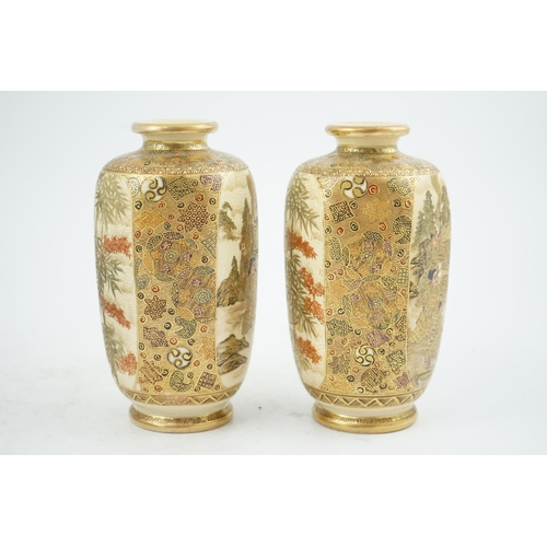 32 - A pair of Japanese Satsuma hexagonal vases, signed ?Kozan, early 20th century, each painted with a g... 