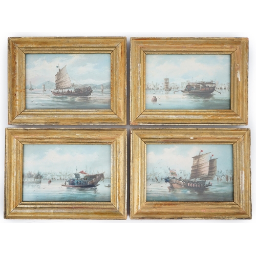 320 - Chinese school, late 19th century, a set of four oils on board, shipping in Chinese harbours, each i... 