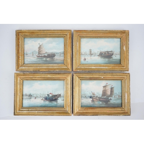 320 - Chinese school, late 19th century, a set of four oils on board, shipping in Chinese harbours, each i... 