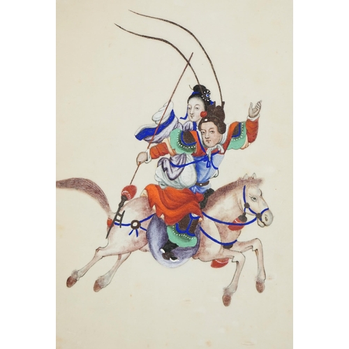 321 - Chinese school, 19th century, an album of ten pith paintings of warriors on horseback, blue satin ri... 