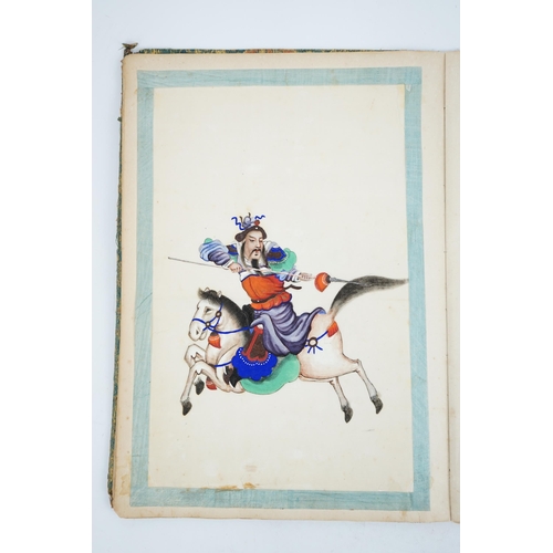 321 - Chinese school, 19th century, an album of ten pith paintings of warriors on horseback, blue satin ri... 