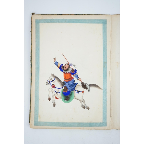 321 - Chinese school, 19th century, an album of ten pith paintings of warriors on horseback, blue satin ri... 