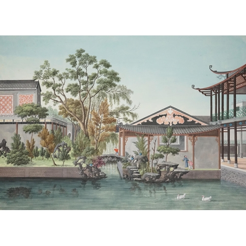 322 - Circle of Tingqua, Guangzhou School, c.1820, watercolour on paper, palace garden scene, depicting fi... 