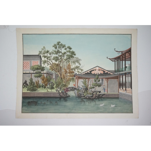 322 - Circle of Tingqua, Guangzhou School, c.1820, watercolour on paper, palace garden scene, depicting fi... 