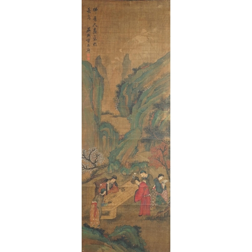 324 - Chinese School, 19th century, scroll painting, ink and colour on silk, scholars in a garden examinin... 