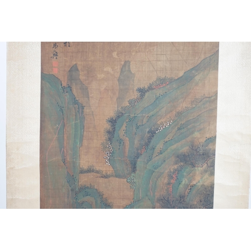 324 - Chinese School, 19th century, scroll painting, ink and colour on silk, scholars in a garden examinin... 