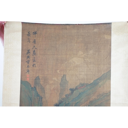 324 - Chinese School, 19th century, scroll painting, ink and colour on silk, scholars in a garden examinin... 