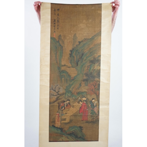 324 - Chinese School, 19th century, scroll painting, ink and colour on silk, scholars in a garden examinin... 