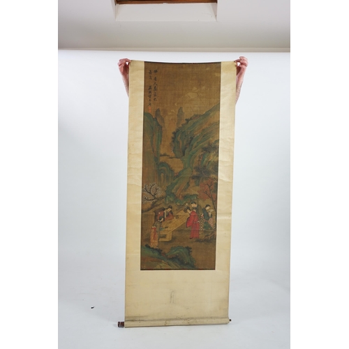 324 - Chinese School, 19th century, scroll painting, ink and colour on silk, scholars in a garden examinin... 