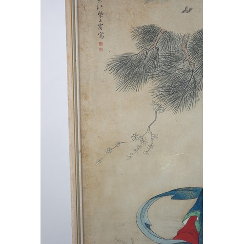 326 - Chinese School, 19th century, a large ink and colour on paper, depicting the Daoist immortal Magu an... 