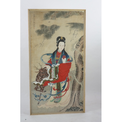 326 - Chinese School, 19th century, a large ink and colour on paper, depicting the Daoist immortal Magu an... 