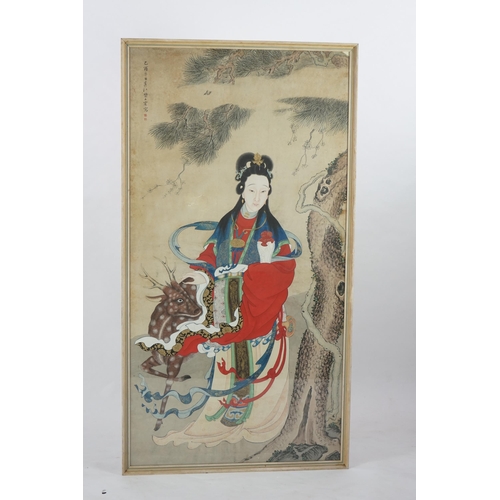 326 - Chinese School, 19th century, a large ink and colour on paper, depicting the Daoist immortal Magu an... 