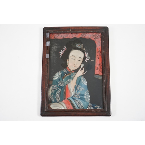 327 - A Chinese reverse painting on glass of a lady holding a flower, 19th century, image 49cm x 34cm, con... 