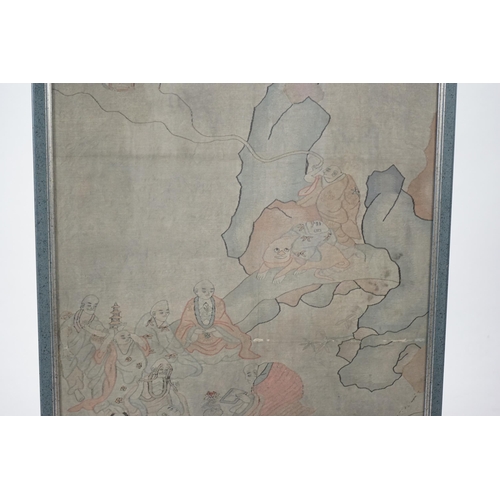 336 - A large Chinese Kesi eighteen luohan panel, 19th century, worked in colours and gold thread with t... 