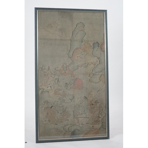 336 - A large Chinese Kesi eighteen luohan panel, 19th century, worked in colours and gold thread with t... 