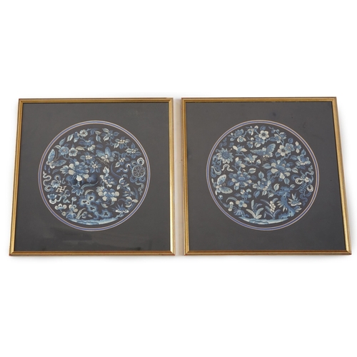 337 - A pair of Chinese embroidered silk roundels, mid 19th century, woven in white and shades of blue wit... 