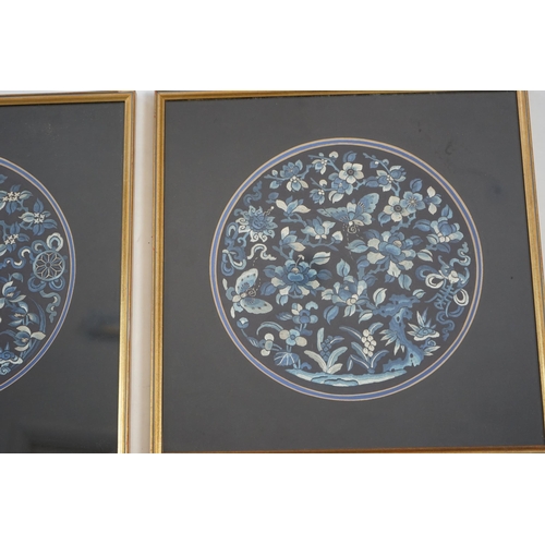 337 - A pair of Chinese embroidered silk roundels, mid 19th century, woven in white and shades of blue wit... 