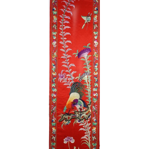 341 - A Chinese embroidered silk wall hanging, early 20th century, decorated with a chicken, insects and s... 