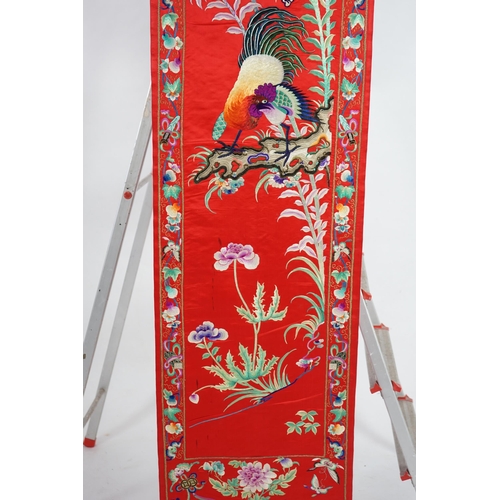 341 - A Chinese embroidered silk wall hanging, early 20th century, decorated with a chicken, insects and s... 