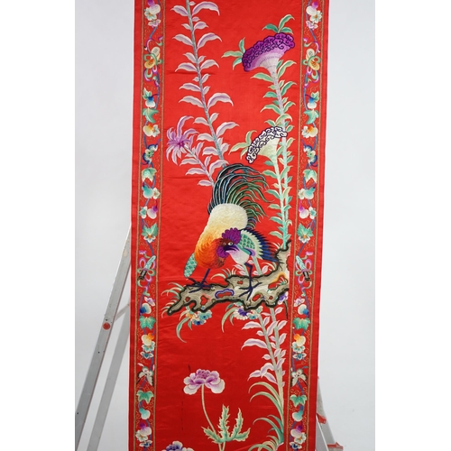 341 - A Chinese embroidered silk wall hanging, early 20th century, decorated with a chicken, insects and s... 