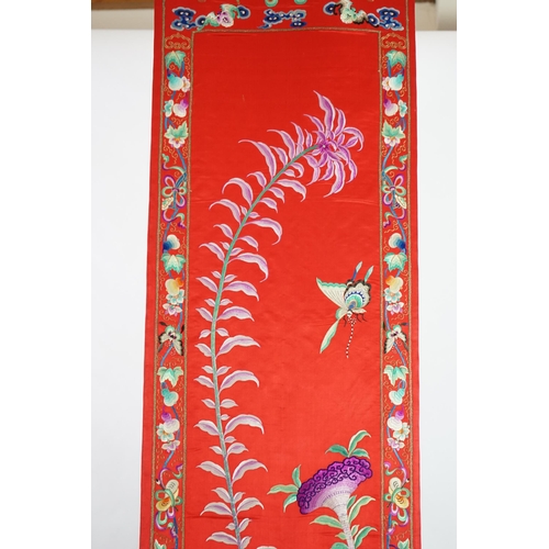 341 - A Chinese embroidered silk wall hanging, early 20th century, decorated with a chicken, insects and s... 