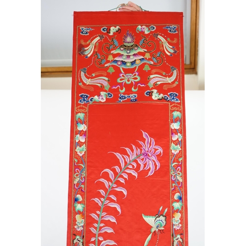 341 - A Chinese embroidered silk wall hanging, early 20th century, decorated with a chicken, insects and s... 