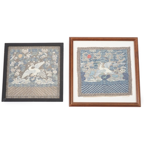 342 - Two Chinese Kesi mandarin squares of the fifth rank, 19th century, each woven with a silver pheasant... 