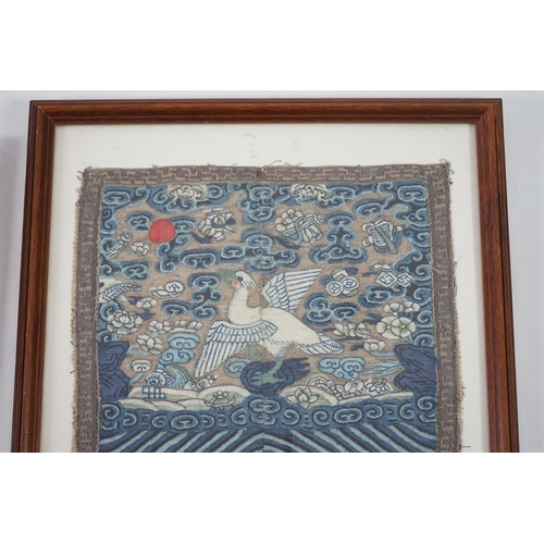 342 - Two Chinese Kesi mandarin squares of the fifth rank, 19th century, each woven with a silver pheasant... 