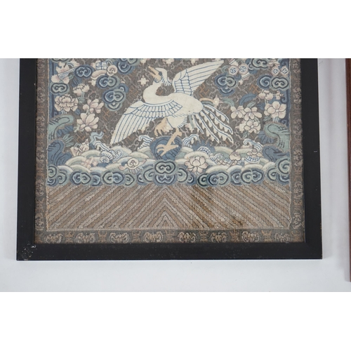 342 - Two Chinese Kesi mandarin squares of the fifth rank, 19th century, each woven with a silver pheasant... 