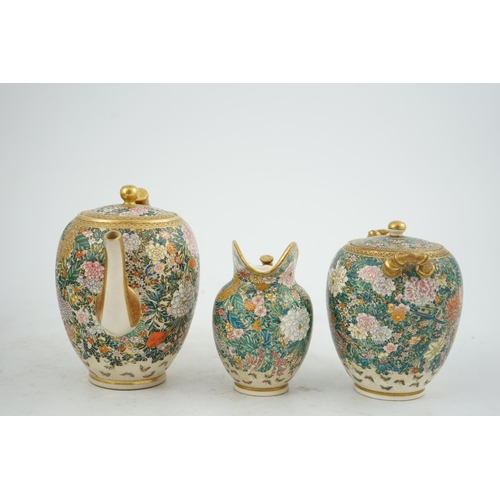 38 - A fine Japanese Satsuma millefleur three piece teaset, by Kinkozan, Meiji period, each piece finel... 