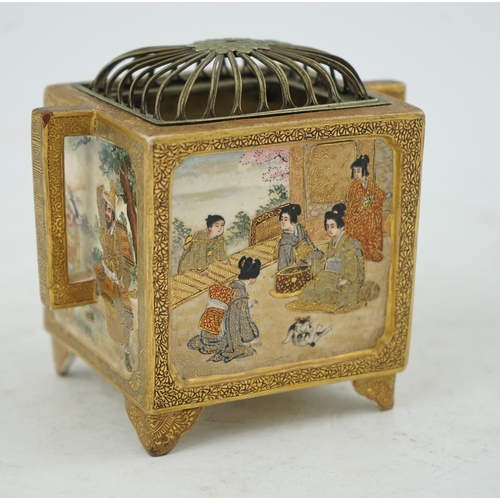 4 - A Japanese Satsuma square koro, Meiji period, decorated with bijin, samurai and a rakan and boy in l... 