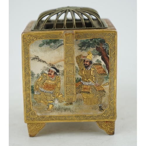 4 - A Japanese Satsuma square koro, Meiji period, decorated with bijin, samurai and a rakan and boy in l... 