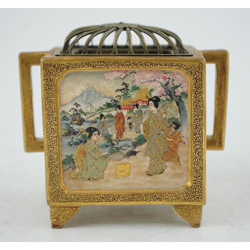 4 - A Japanese Satsuma square koro, Meiji period, decorated with bijin, samurai and a rakan and boy in l... 