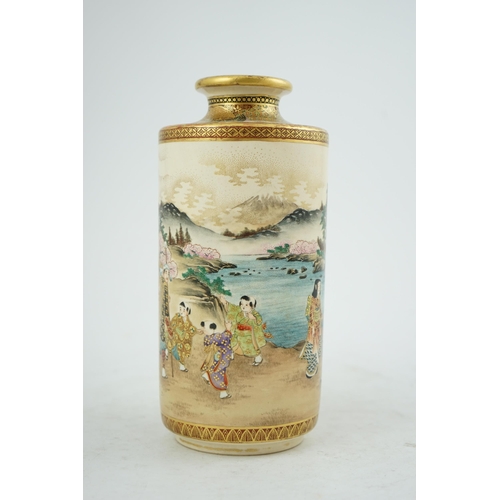 41 - A Japanese Satsuma Spring festival cylindrical vase, Meiji period, painted with a man carrying a l... 