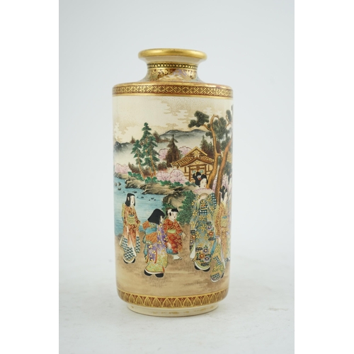 41 - A Japanese Satsuma Spring festival cylindrical vase, Meiji period, painted with a man carrying a l... 