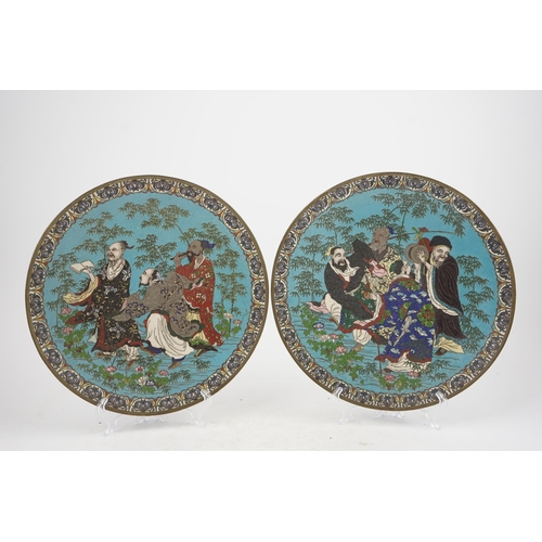 50 - A pair of Japanese cloisonné enamel Seven Sages of the Bamboo Grove dishes, Meiji period, one dish... 