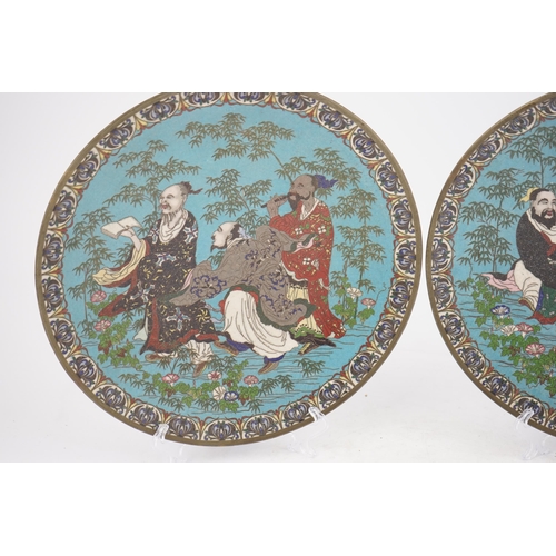 50 - A pair of Japanese cloisonné enamel Seven Sages of the Bamboo Grove dishes, Meiji period, one dish... 