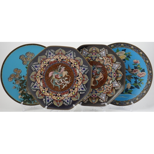 52 - Four Japanese cloisonné polychrome enamel dishes, early 20th century, including a pair of octagonal ... 