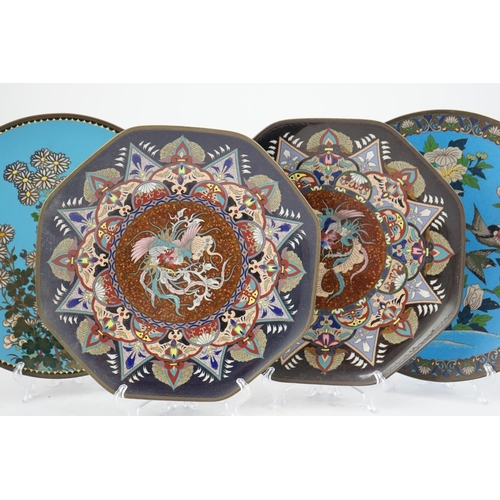 52 - Four Japanese cloisonné polychrome enamel dishes, early 20th century, including a pair of octagonal ... 