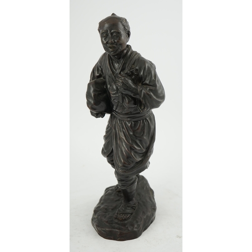 55 - A Japanese bronze figure of a man, 19th century, carrying fabric wrapped packages suspended from str... 