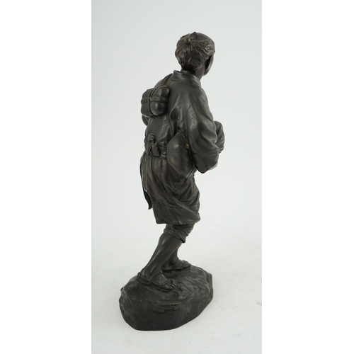 55 - A Japanese bronze figure of a man, 19th century, carrying fabric wrapped packages suspended from str... 