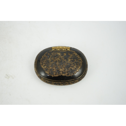 58 - A Japanese export gilt bronze Sawasa oval tobacco box, 18th century, the flush cover bas-relief deco... 